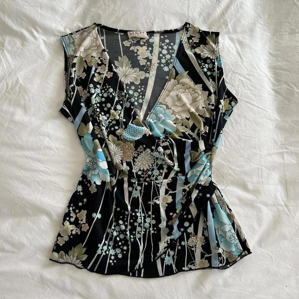 INC International Concepts Floral V-Neck Blouse - Black, Blue, Cream